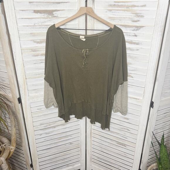 FREE PEOPLE Women's Small Star Oversized Henley Top Army Green Boho Distressed - Picture 3 of 16